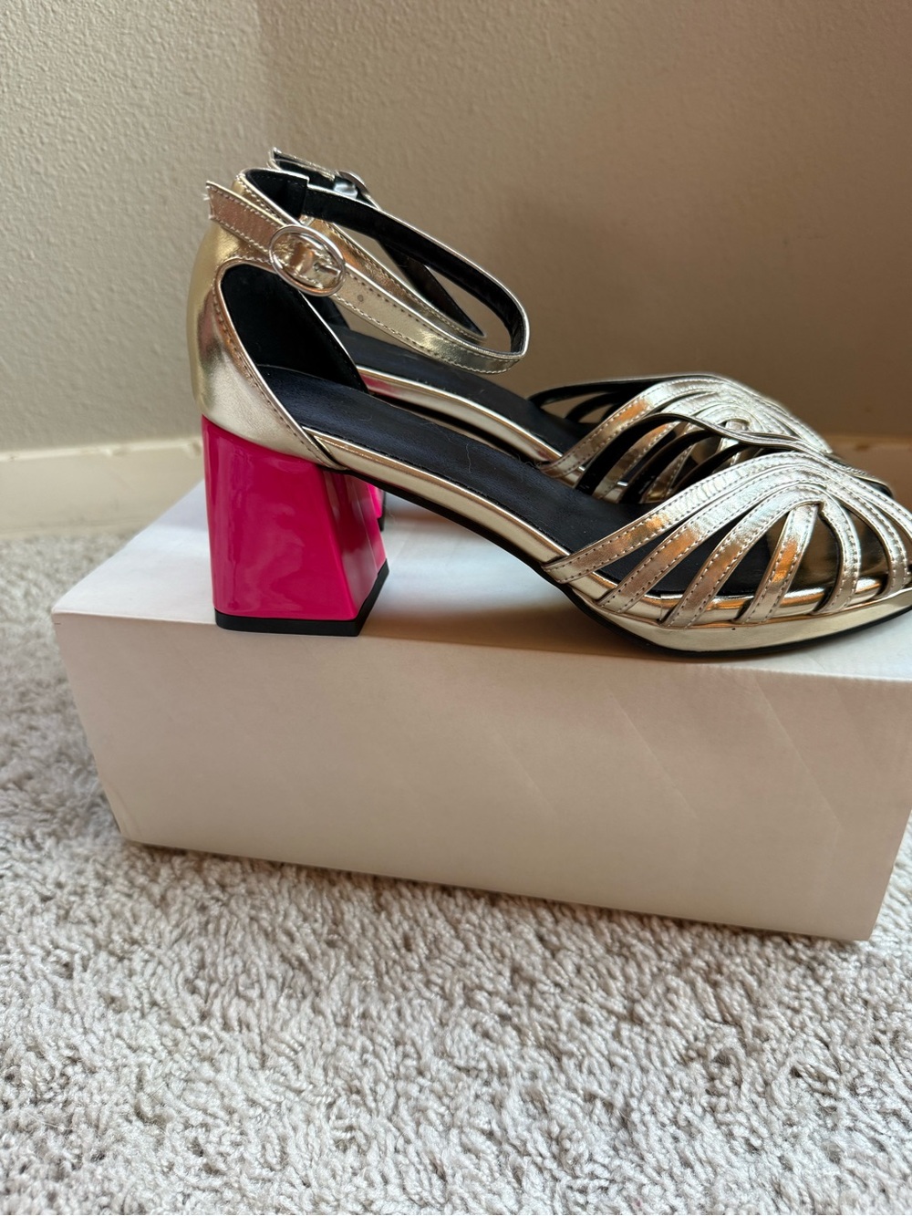 Metallic Gold Strappy Heels with Pink Block Heel - Women